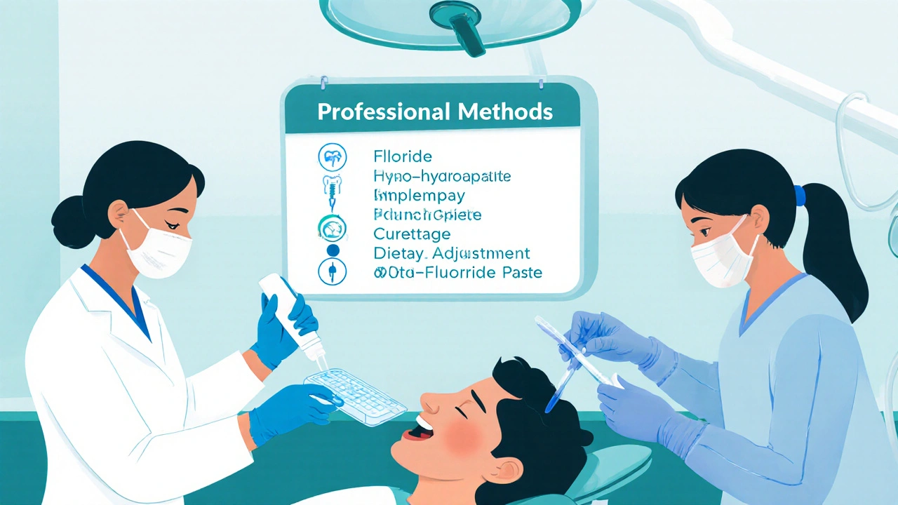 Dentální klinika s dentistou aplikujícím fluorid, nano‑hydroxyapatit a kyretáž.