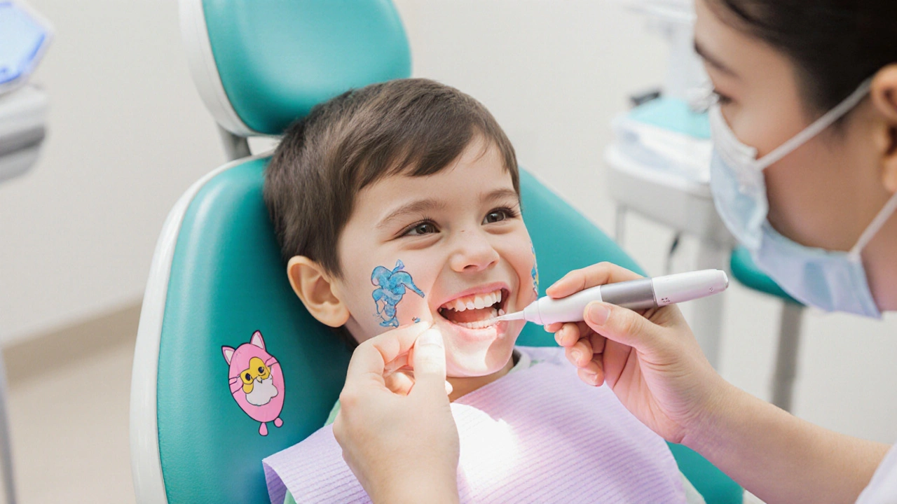 Dentista jemně čistí dítěti zuby ultrazvukovým přístrojem, rodič drží ruku dítěte, klidná návštěva.