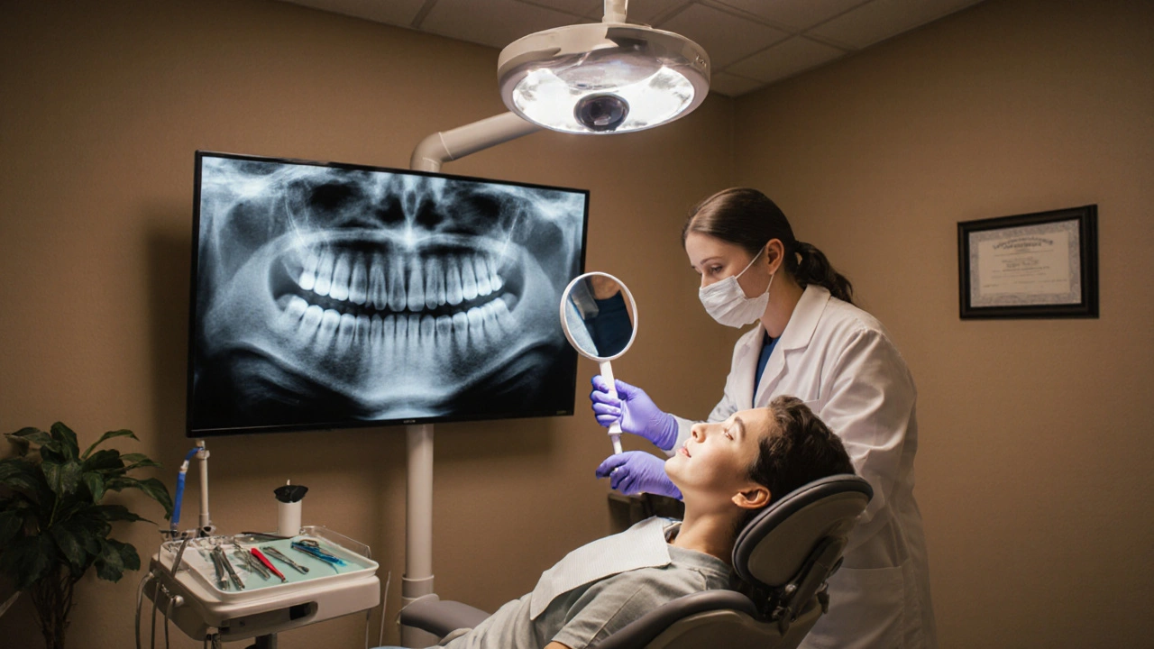 Dentista provádí prohlídku pacienta s rentgenovým snímkem.