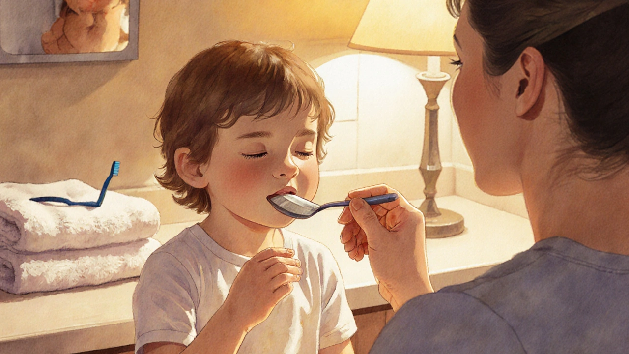 Dítě s rodičem provádí olejové pláchnutí kokosovým olejem v koupelně, klidná atmosféra.