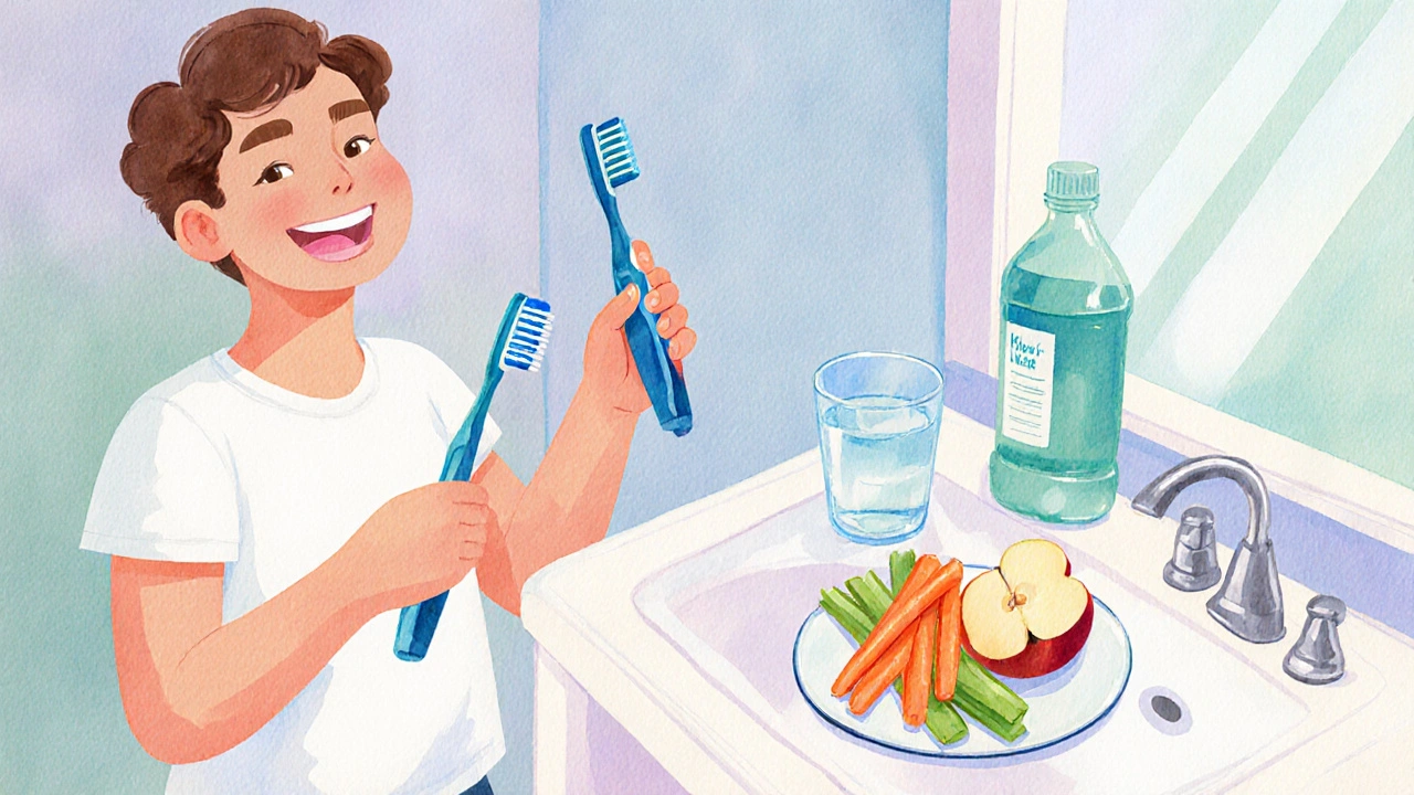 Ilustrace ranní ústní hygieny s kartáčkem, pastou a zdravou stravou.