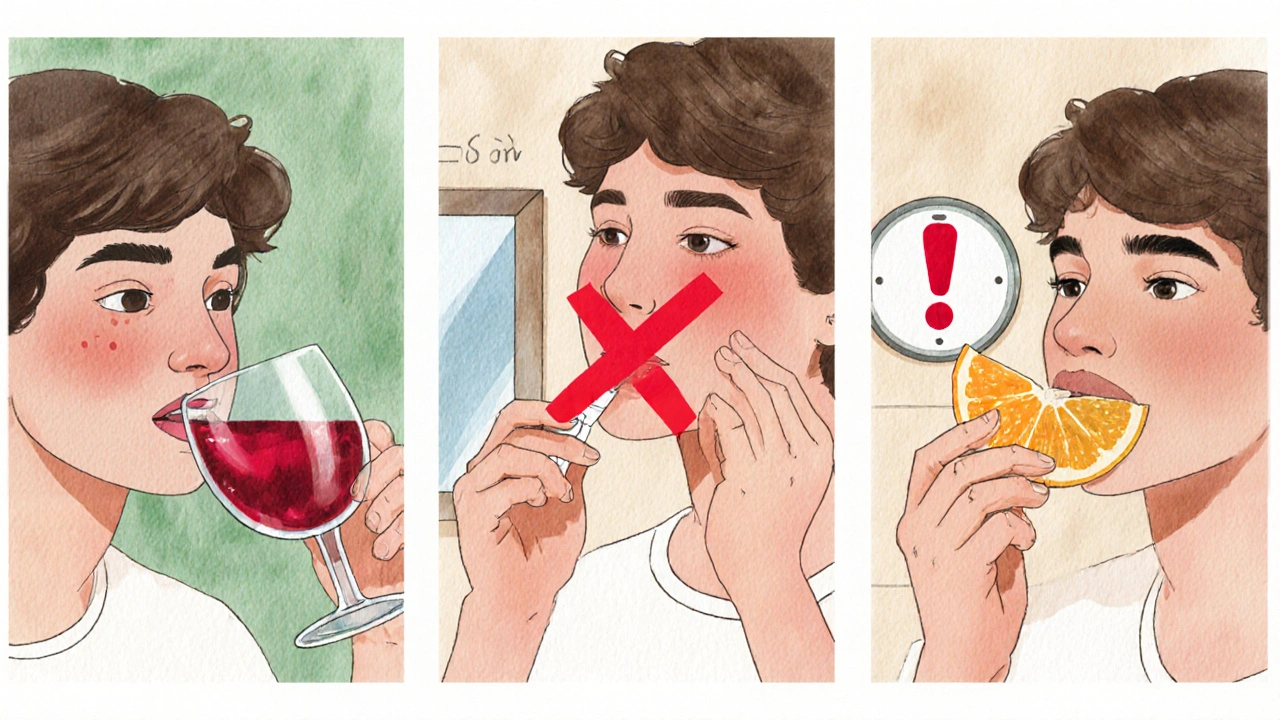 Ilustrace ukazující zakázané činnosti po hygieně: červené víno, bělicí páska, pomeranč.