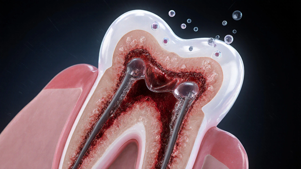 Microscopic view of chemicals neutralizing nerve tissue inside a tooth.