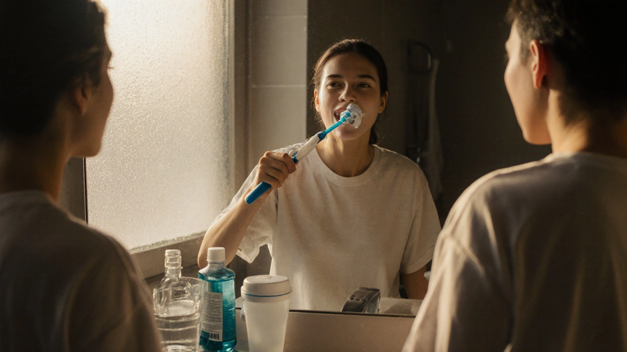 Osoba čistí zuby měkkým kartáčkem, používá fluoridovou pastu a dentální niť v koupelně.