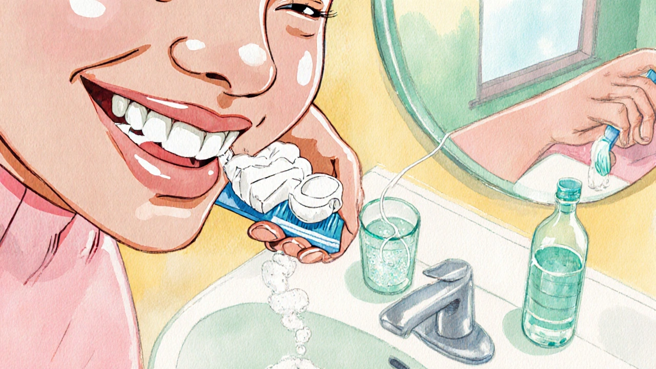 Osoba si čistí zuby kartáčkem, nití a ústní vodou, zubní povrch je čistý.