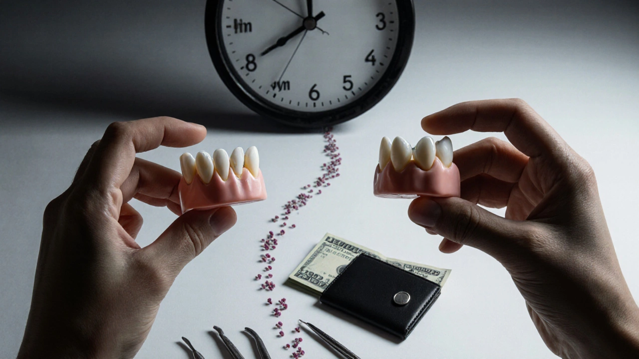 Pristine and damaged dental crown beside a clock and money, symbolizing prevention vs. neglect.