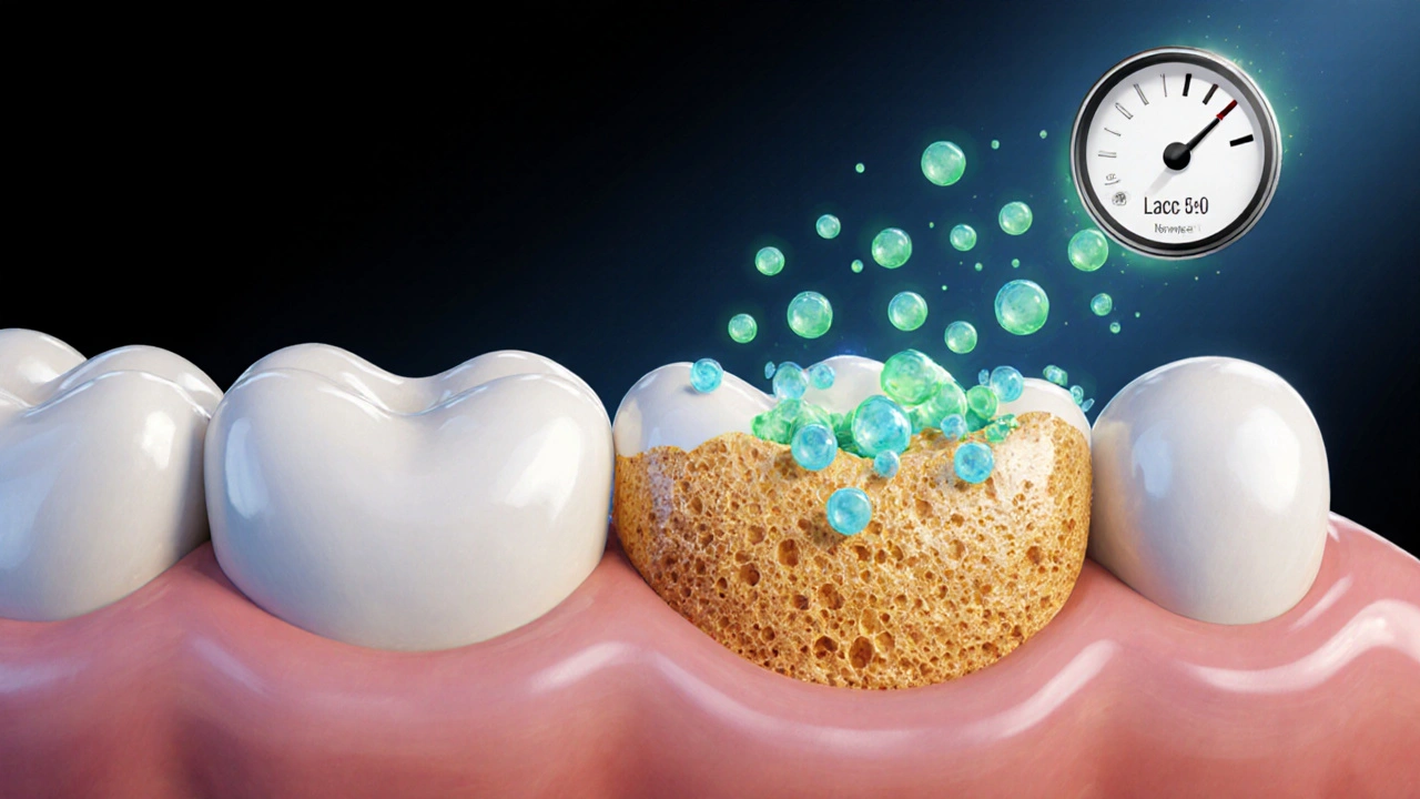 Řez zubu ukazující kyseliny rozrušující sklovinu pod vlivem plaku.