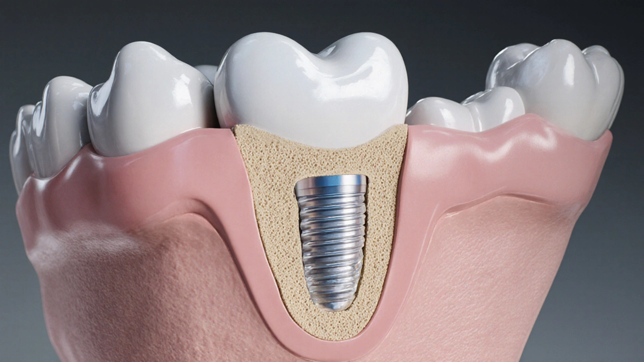 Řezová ilustrace čelisti ukazující titanový implantát propojený s kostí a korunku.