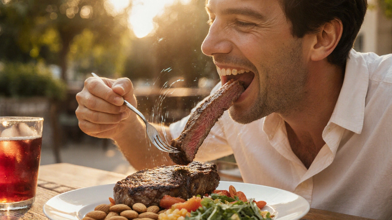 Šťastný pacient s úsměvem kousá steak, ukazující vysokou žvýkací sílu.