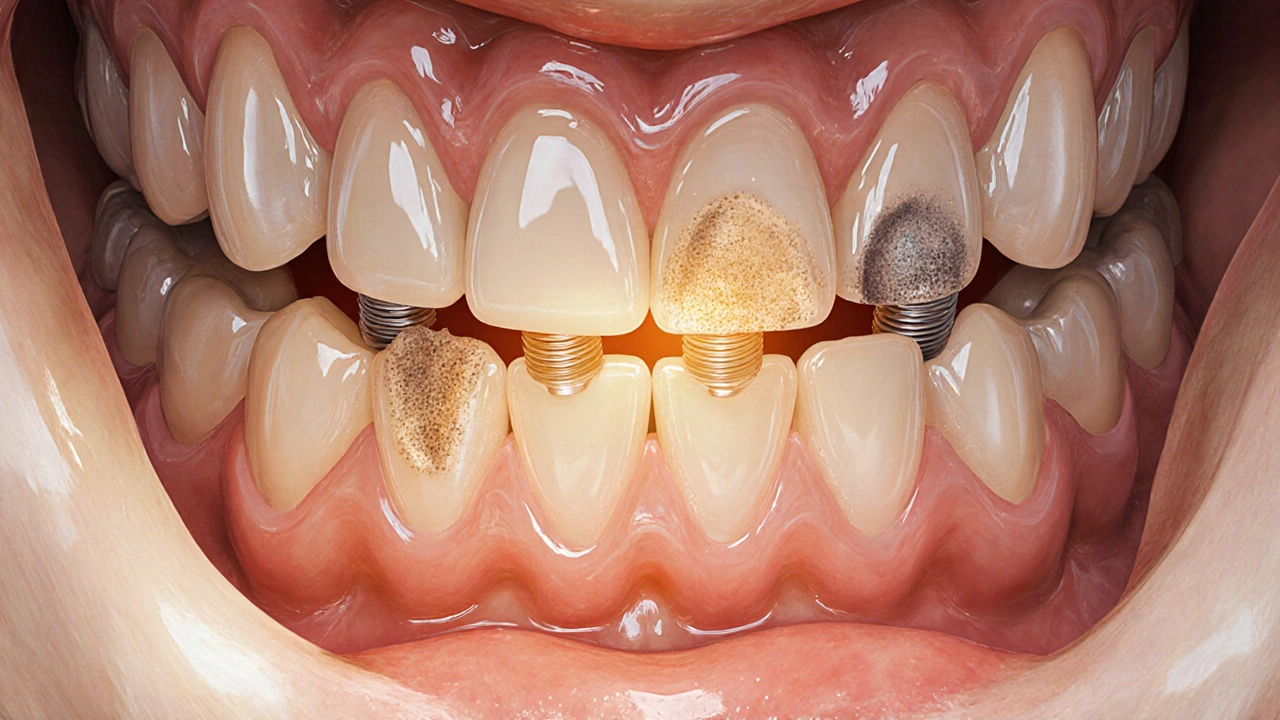 Translucent jawbone showing healthy and deteriorating bone around implants.