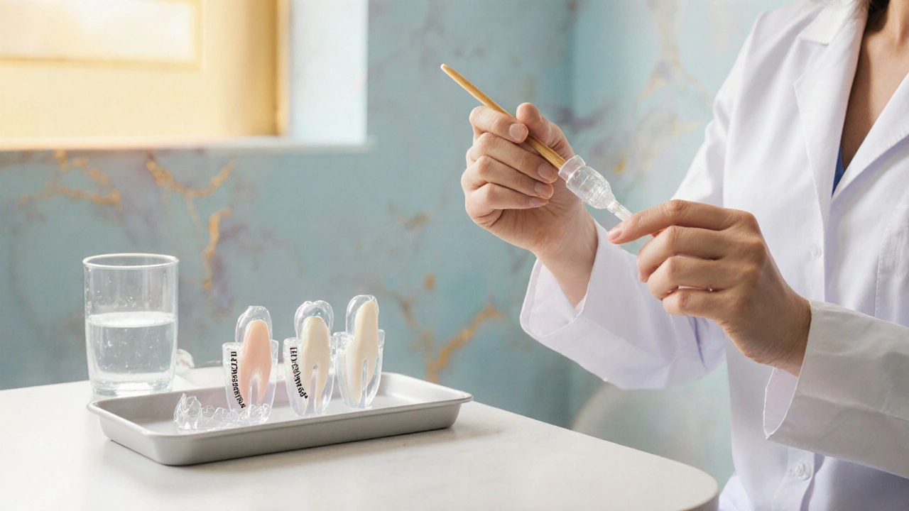Zubař aplikuje fluoridový gel a montuje korunku na poškozený zub, přičemž vedle stojí noční chránič.