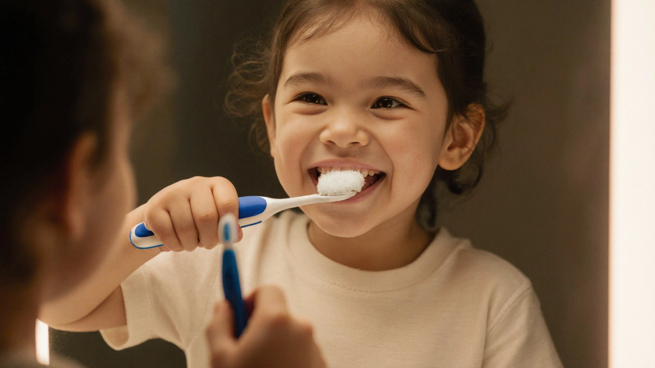 Child smiling while brushing teeth with Curaprox Junior toothbrush.
