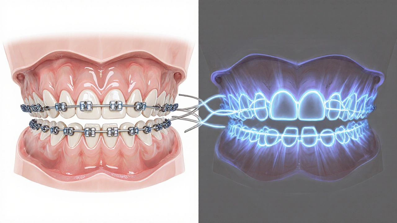 Cross-section of jaw showing mechanical tooth movement versus ineffective energy waves.
