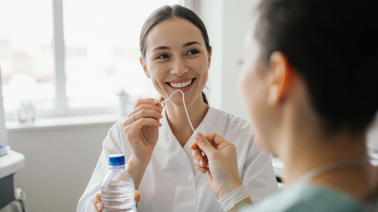 Dentální hygienistka ukazuje pacientovi správné použití zubní nitě v klidné atmosféře kliniky.