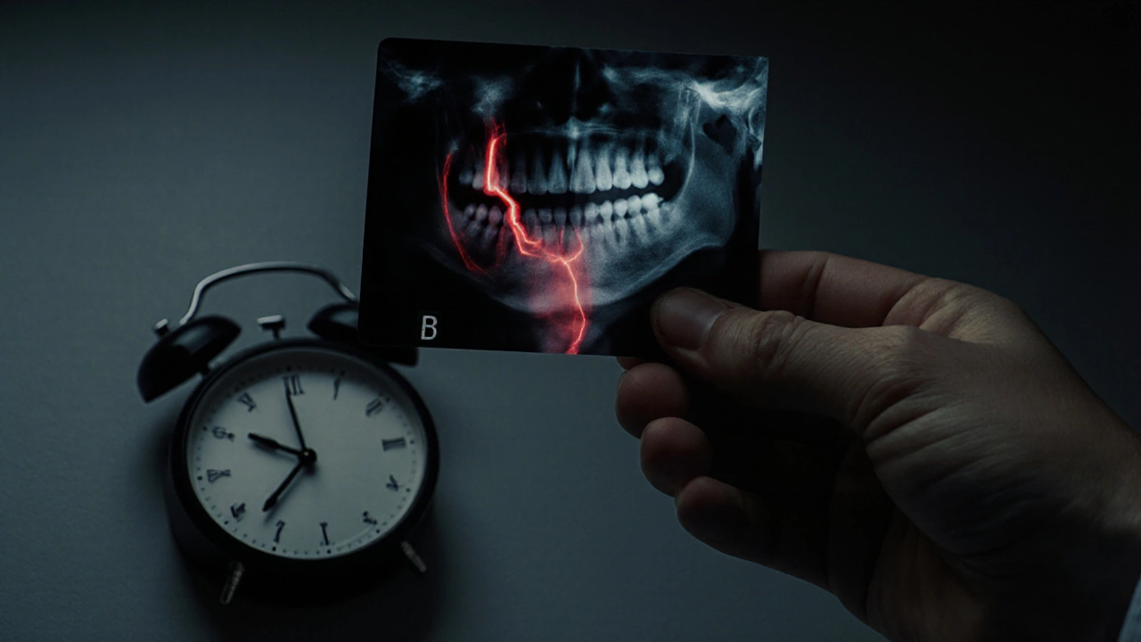 Dentální rentgen s rozšířenou infekcí do čelisti a hodiny ukazující noc