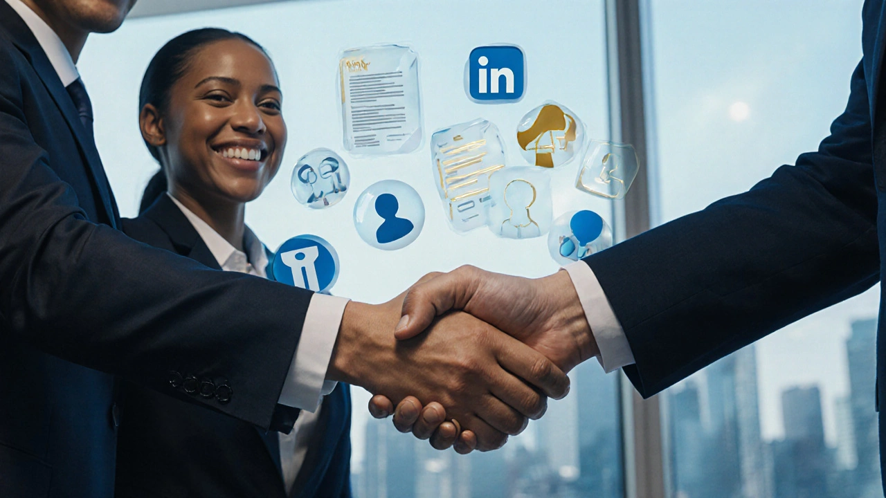 Dva profesionálové si podávají ruku, jeden s bílým úsměvem, druhý s nejistým výrazem.