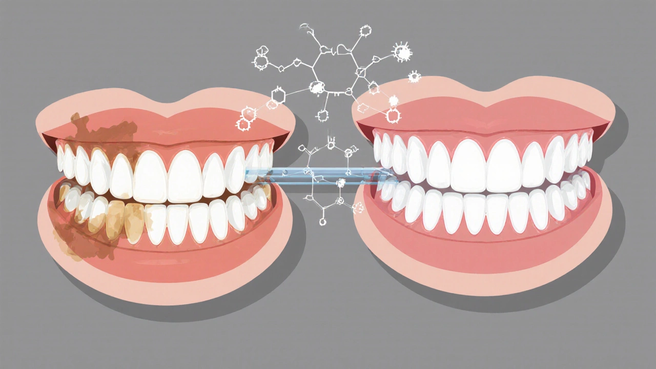 Dva soubory zubů: jedny tmavé, druhé světlejší po bělení.
