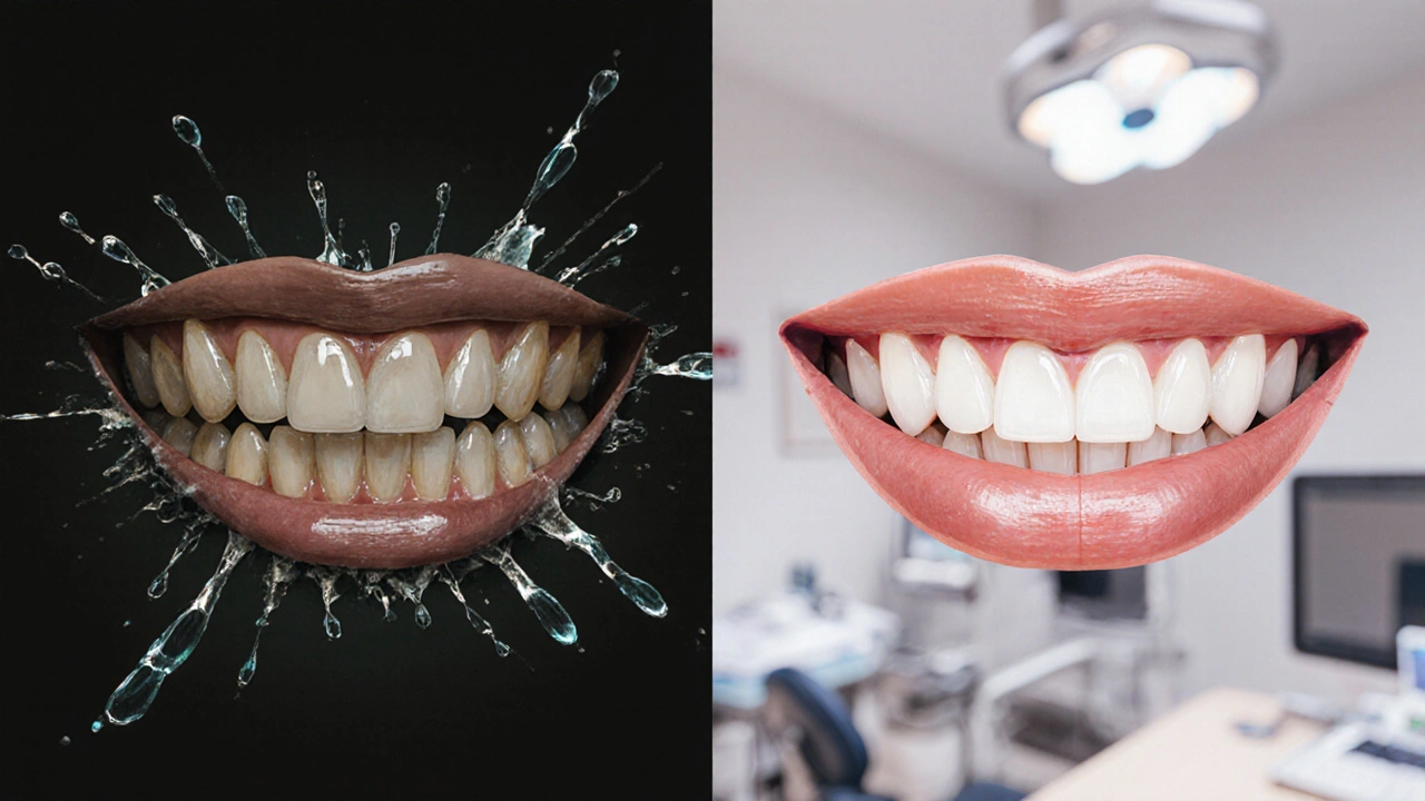 Dva zuby vedle sebe: jeden zbarvený, druhý osvěžený keramickými korunkami.