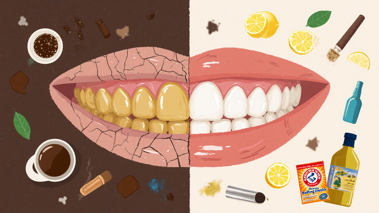 Dvě strany: po levé straně poškozené zuby způsobené kávou a kouřením, po pravé straně přirozeně bílé zuby s odmítnutými domácími metodami.