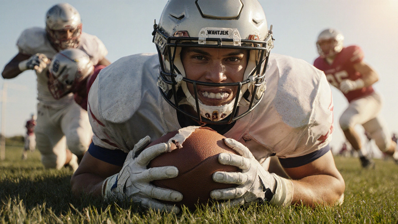 Fotbalista s ortodontickým štítem je v pohybu na hřišti.