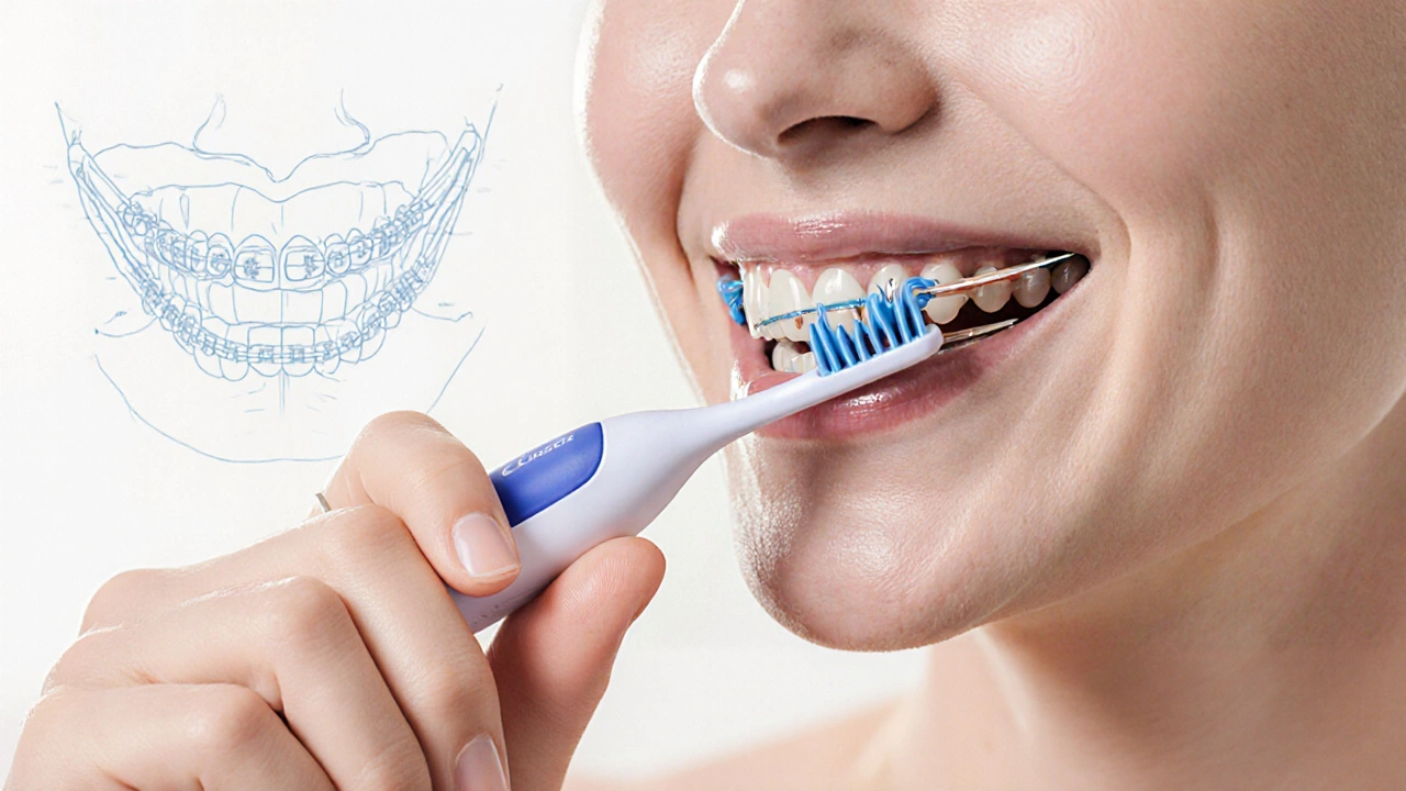 Kartáček Curaprox čistící mezizubní prostory u ortodontického aparátu.