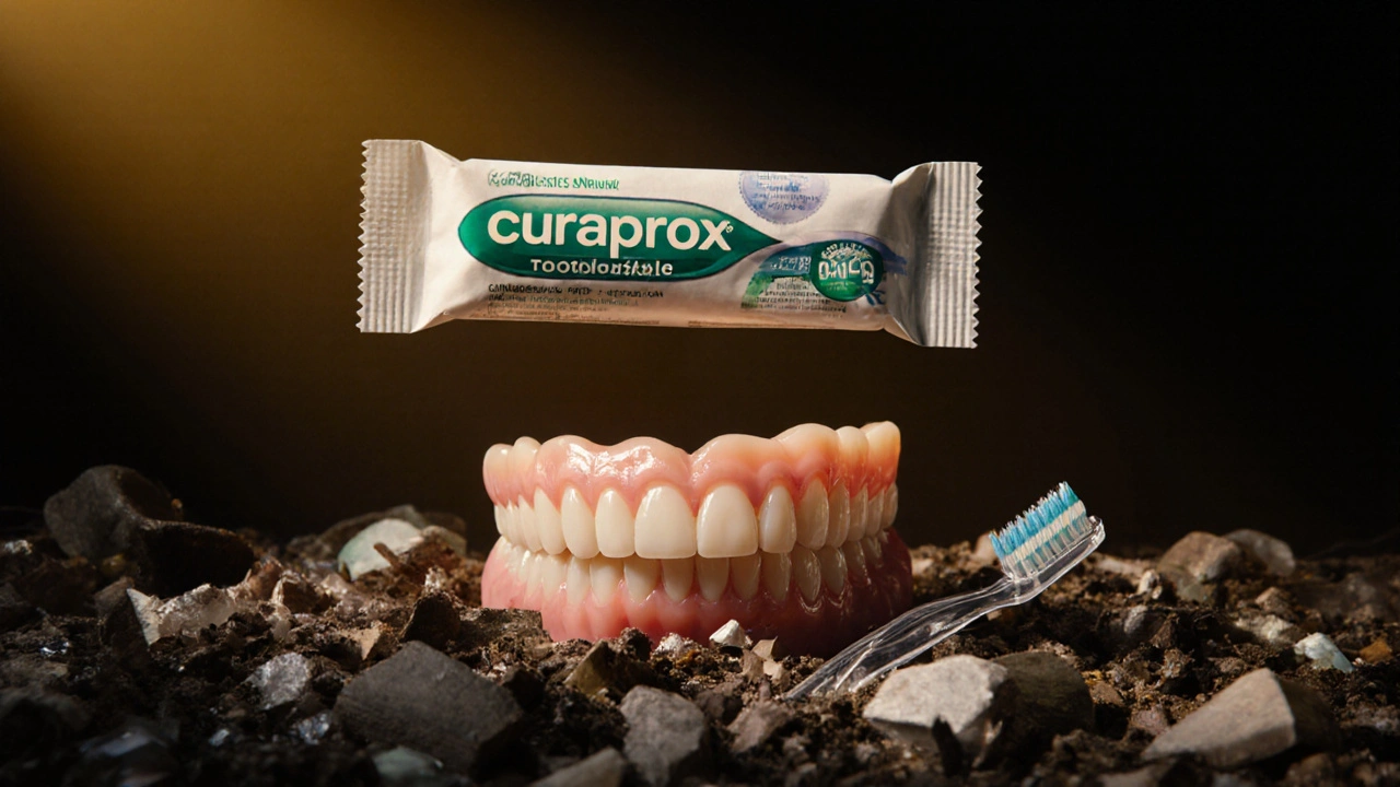 Kartáček Curaprox v recyklovatelném obalu nad zdravými zuby, proti odpadu z plastového kartáčku.