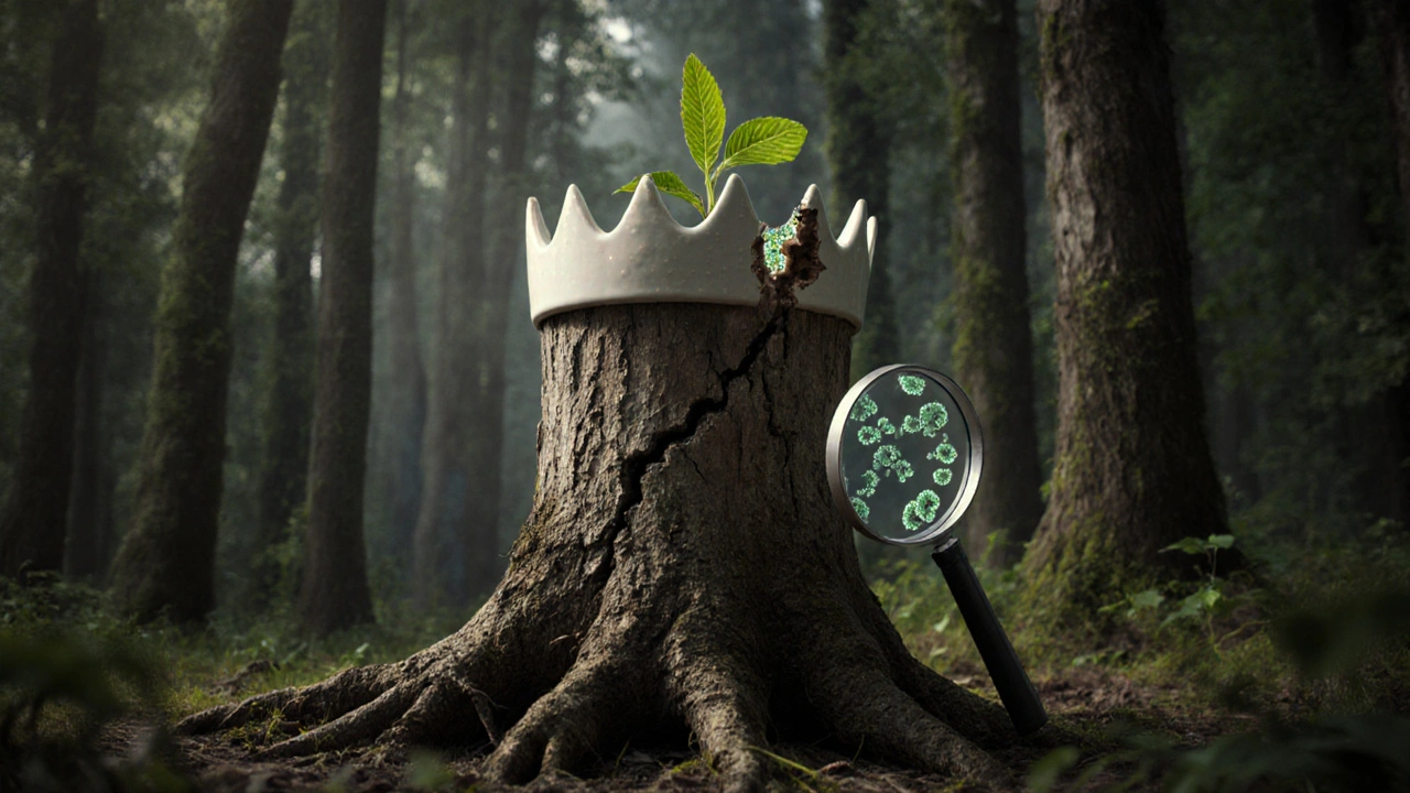 Kmen stromu s keramickou korunkou a viditelnými prasklinami, s bakteriemi u kořenů.