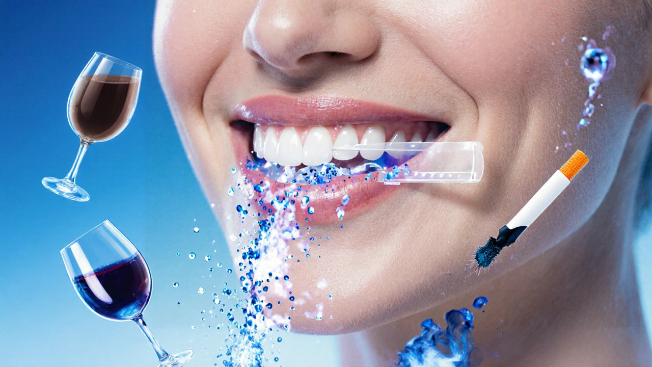 Konceptuální obraz bělení zubů rozkladem skvrn molekulami peroxidu.