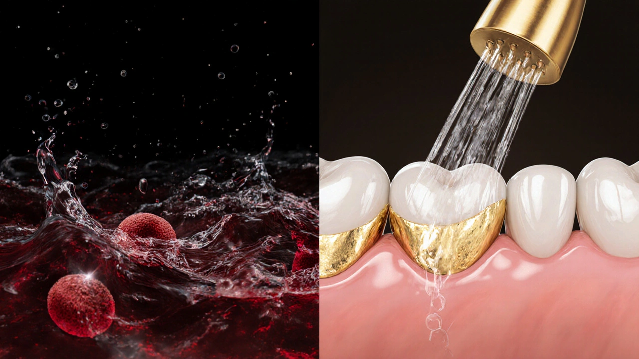 Konceptuální obraz dvou scén: riziková koupel vs. bezpečné hojení po kyretáži.