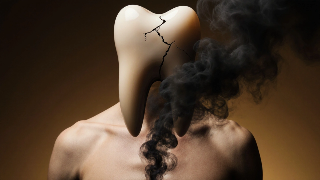 Konceptuální obraz rozštěpeného zubu nad břichem, s tmavým kouřem vytvářejícím tlakovou oblast nad pupkem.