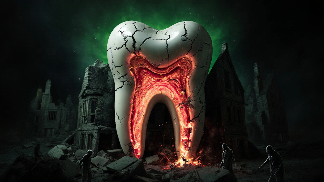Konzepční obrázek zubu jako zříceného domu s infikovanou jámou uvnitř.