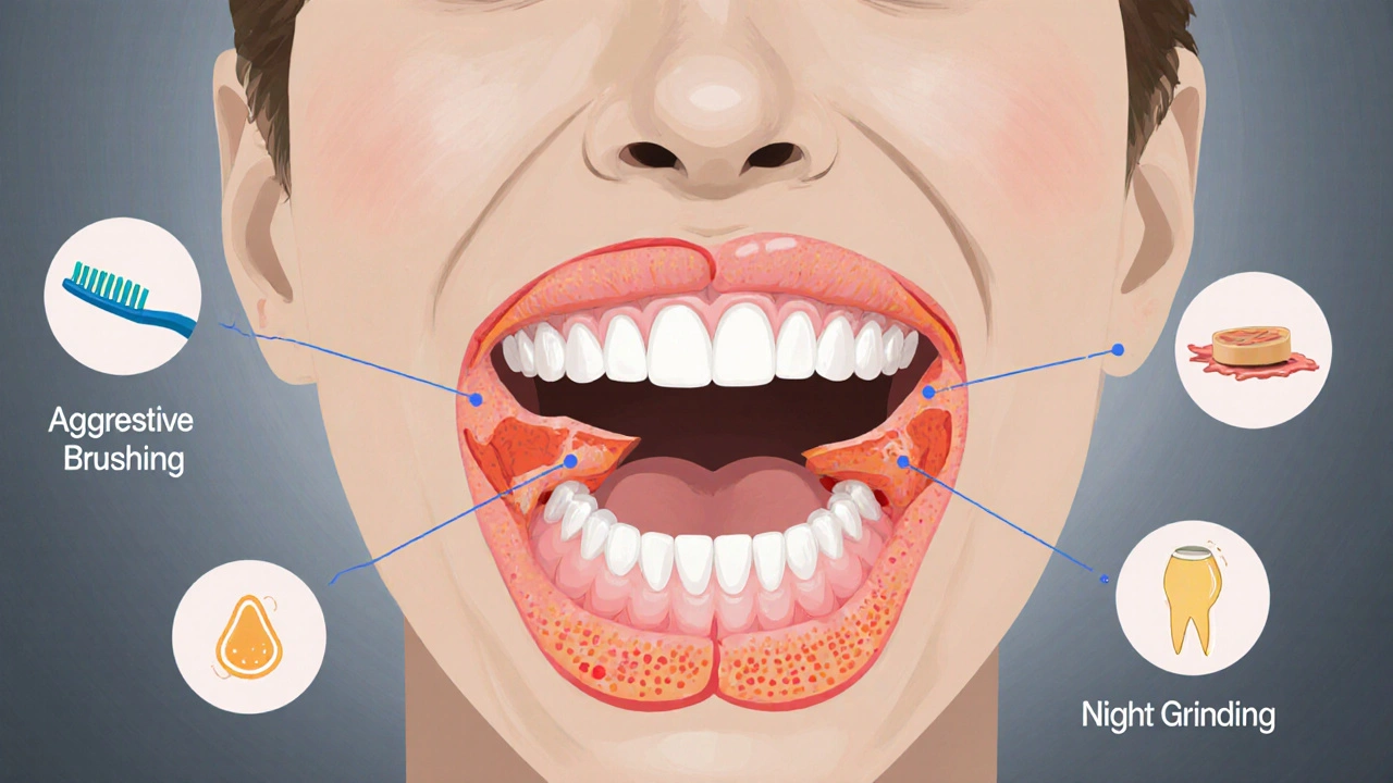 Křížový řez úst s inflamovanými dásněmi a příčinami citlivosti: agresivní čištění a kyselé potraviny.