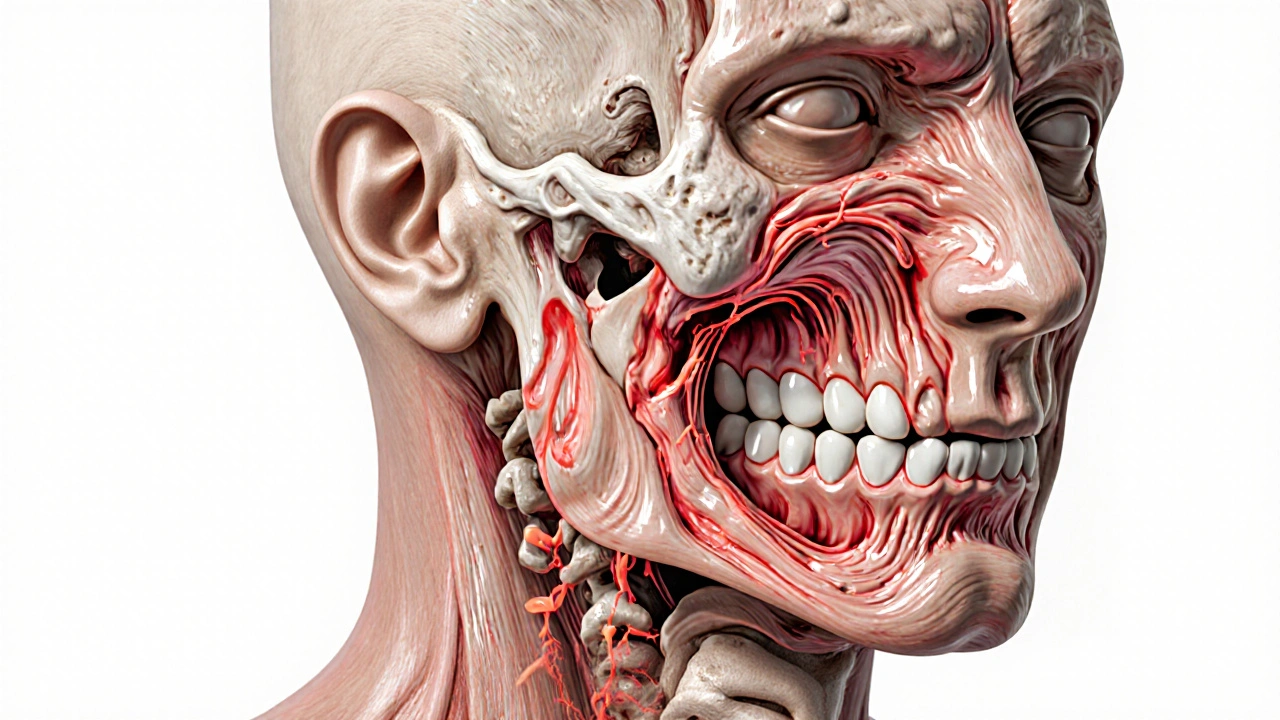 Medicínská ilustrace ukazující zubní absces a šíření infekce z horního zubu k břišní stěně.