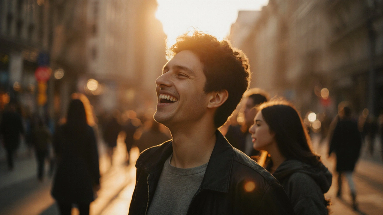 Muž se směje na ulici při západu slunce, jeho úsměv je přirozený, žádné viditelné ortodontické zařízení.