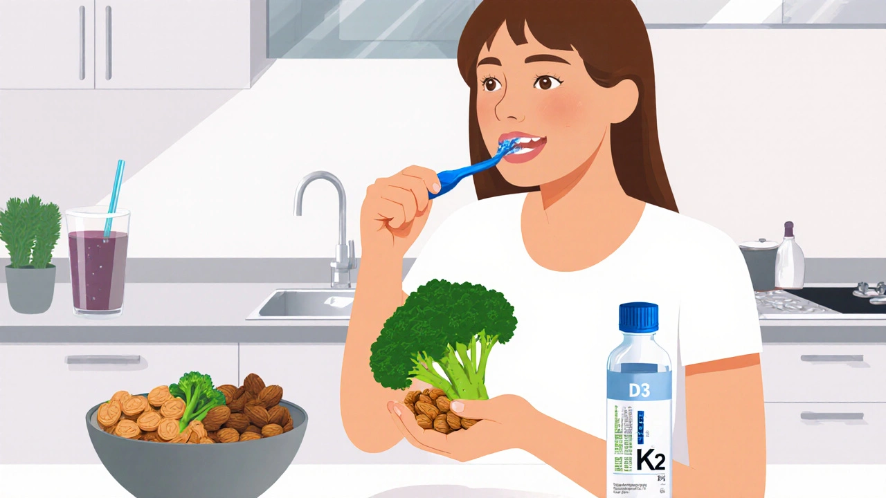 Osoba čistí si zuby zubní pastou s fluoridem, vedle ní ořechy a brokolice jako zdravé volby