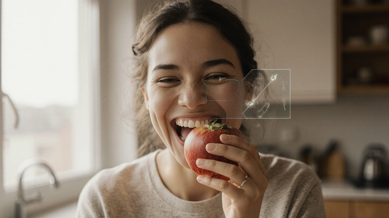 Osoba kousá jablko s přirozeným úsměvem, skryté implantáty jsou naznačeny průhledně.