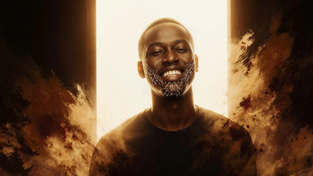 Osoba kročí ze stínu do světla, její úsměv rozptýlí tmavé skvrny.