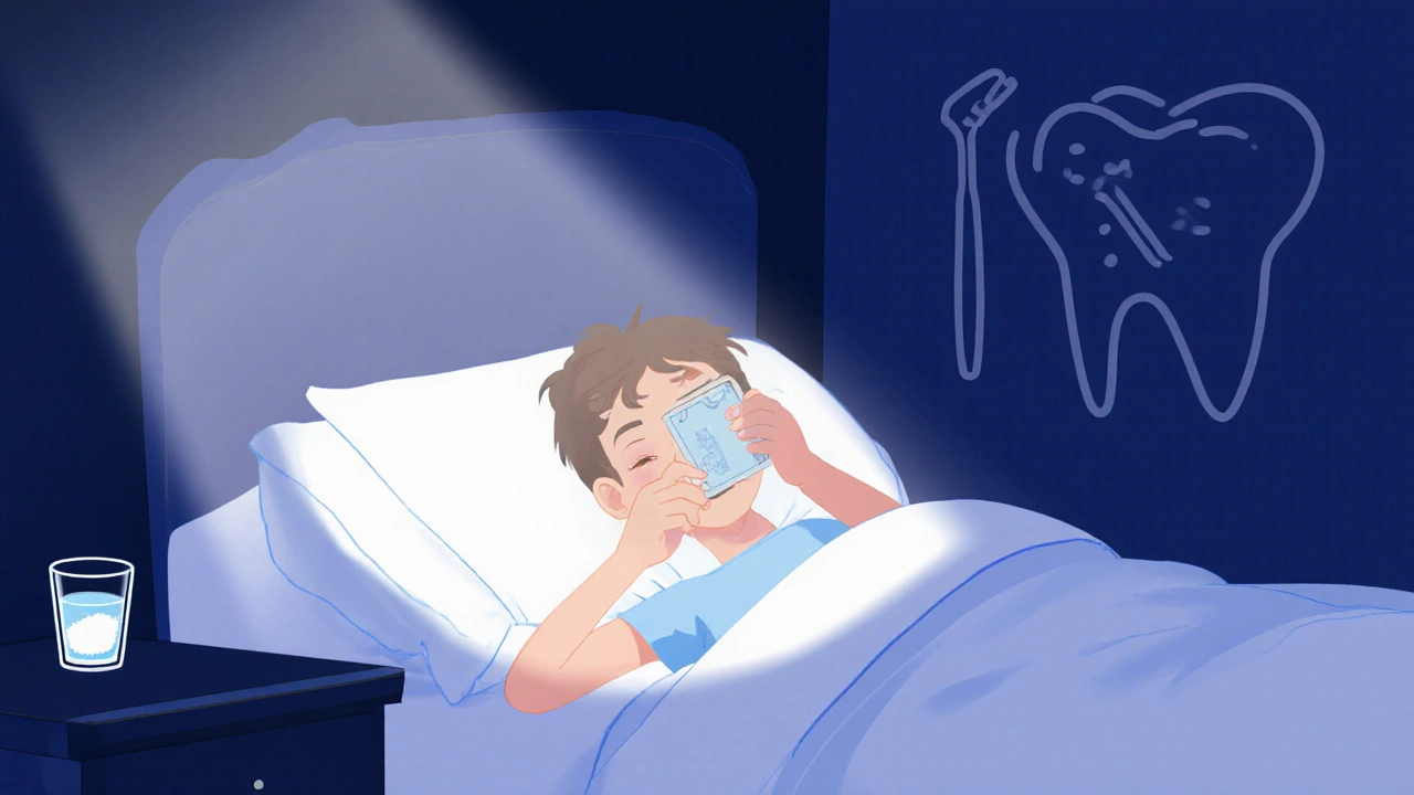 Pacient s chladným obkladem na tváři klidně odpočívá po kyretáži zubů.