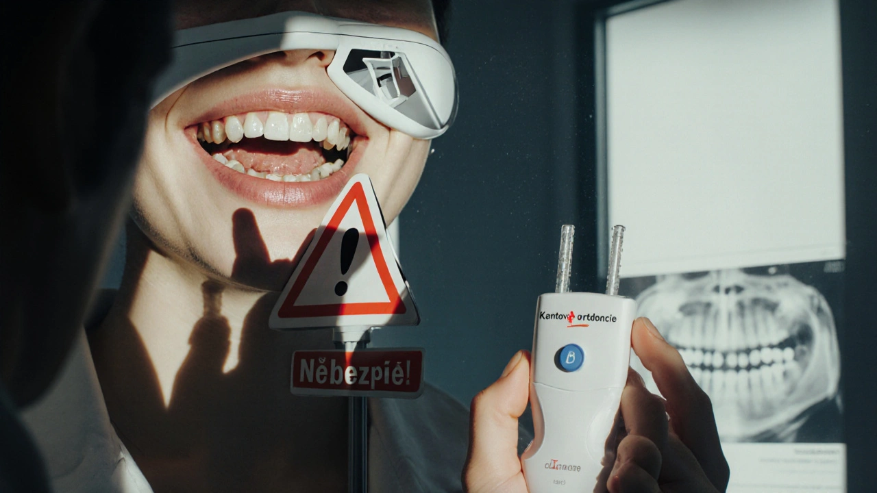 Person holding fake quantum orthodontic device with warning signs and crooked teeth.