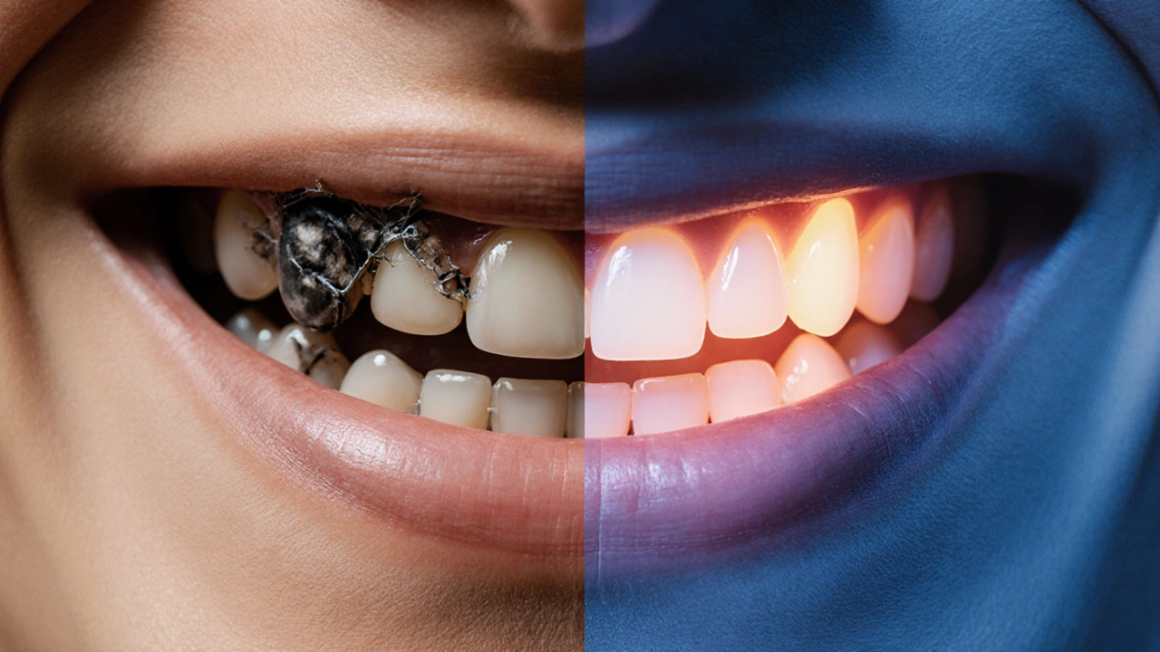 Porovnání poškozeného a opraveného předního zubu v úsměvu.