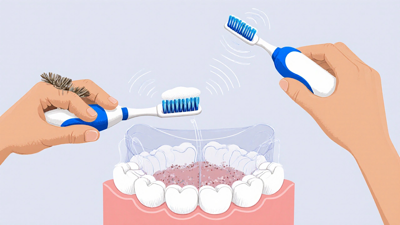 Porovnání ručního a sonického kartáčku na modelu zubů s odstraněným plakem.