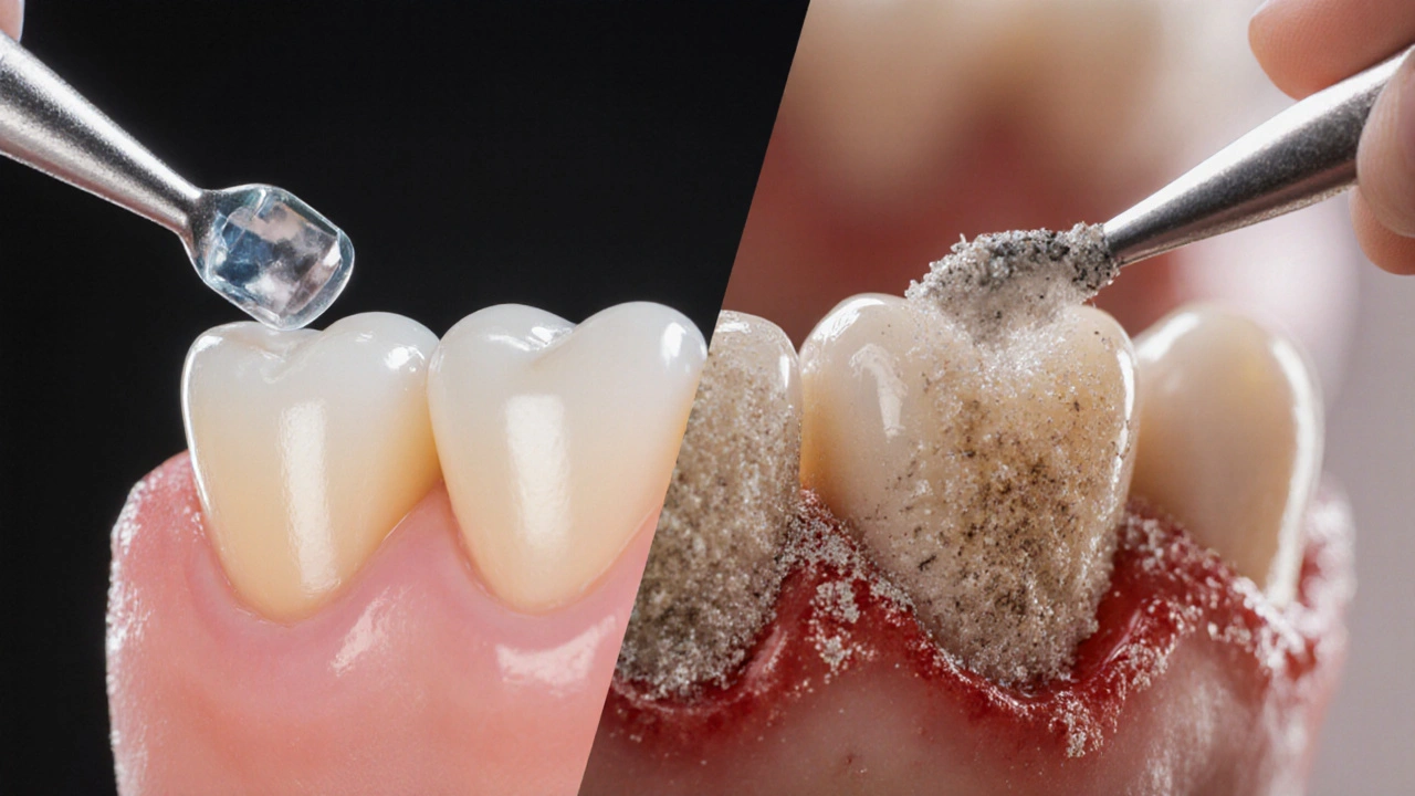 Porovnání zdravého zubu a zubu pokrytého zubním kamenem s otevřenými dásněmi.