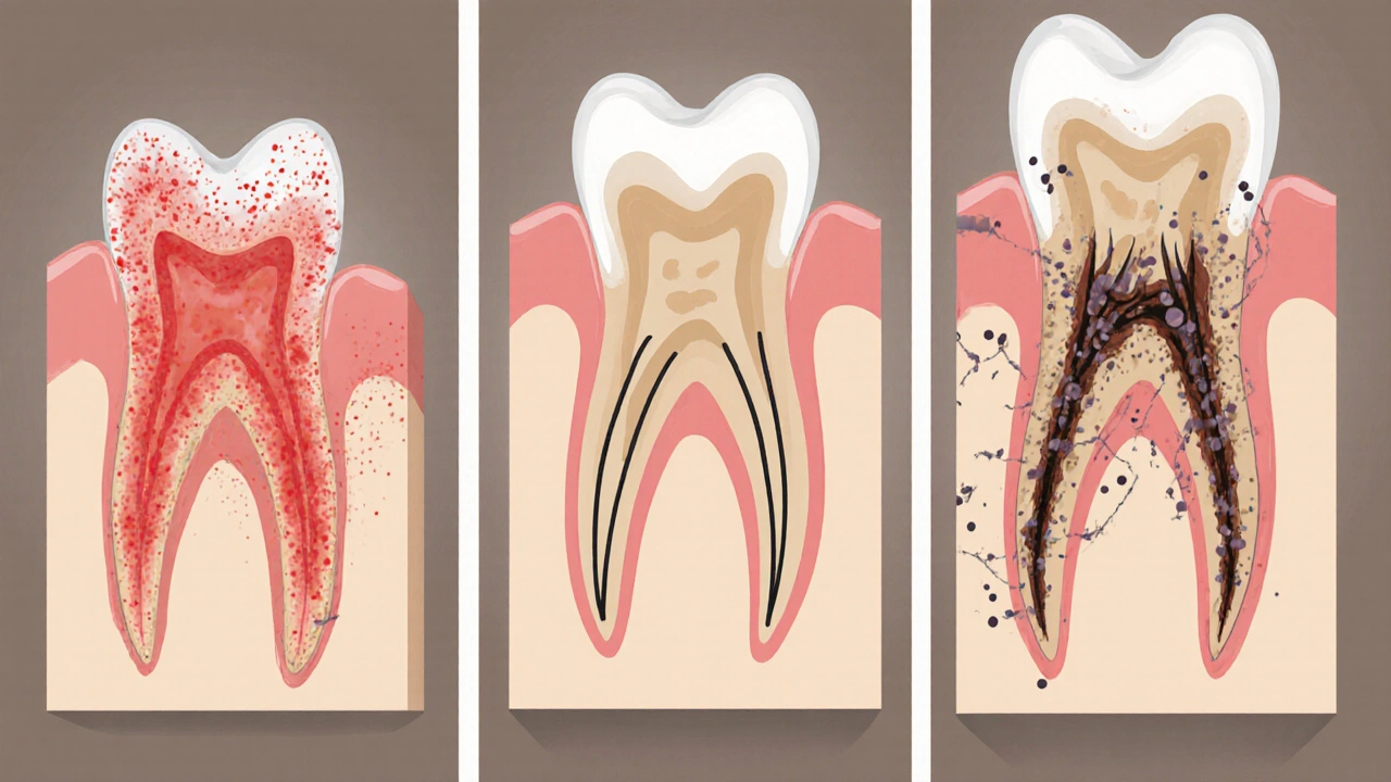 Postupné poškozování dásní a kosti způsobené zubním kamenem pod dásní.