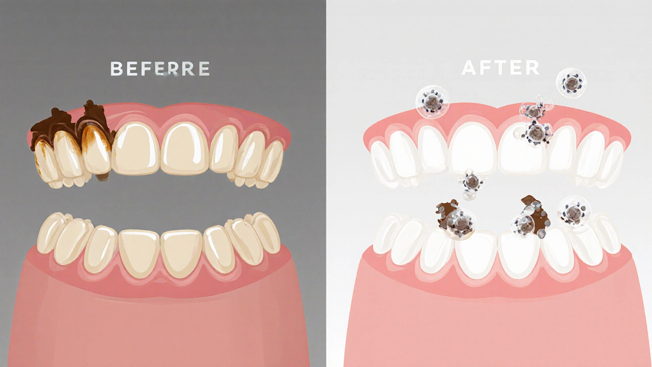 Před a po srovnání zubů: tmavé vs. bělící se zuby s rozkládajícími se pigmenty.