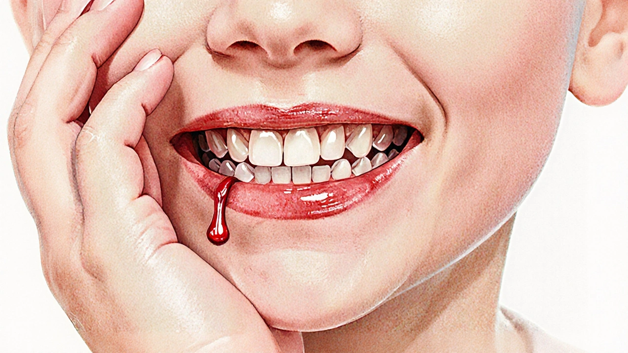 Přehledový nákres dětských dásní s viditelným zánětem a drobnými krevními cévami.