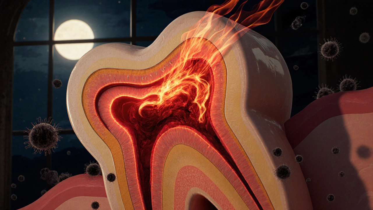 Příčný řez zubem s infekcí šířící se k nervu v nočním prostředí