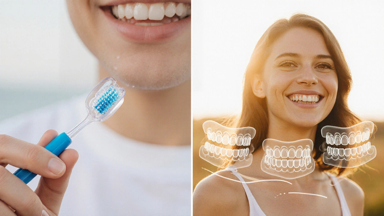 Průhledný ortodontický aparáty a štětec vedou k zdravému úsměvu.