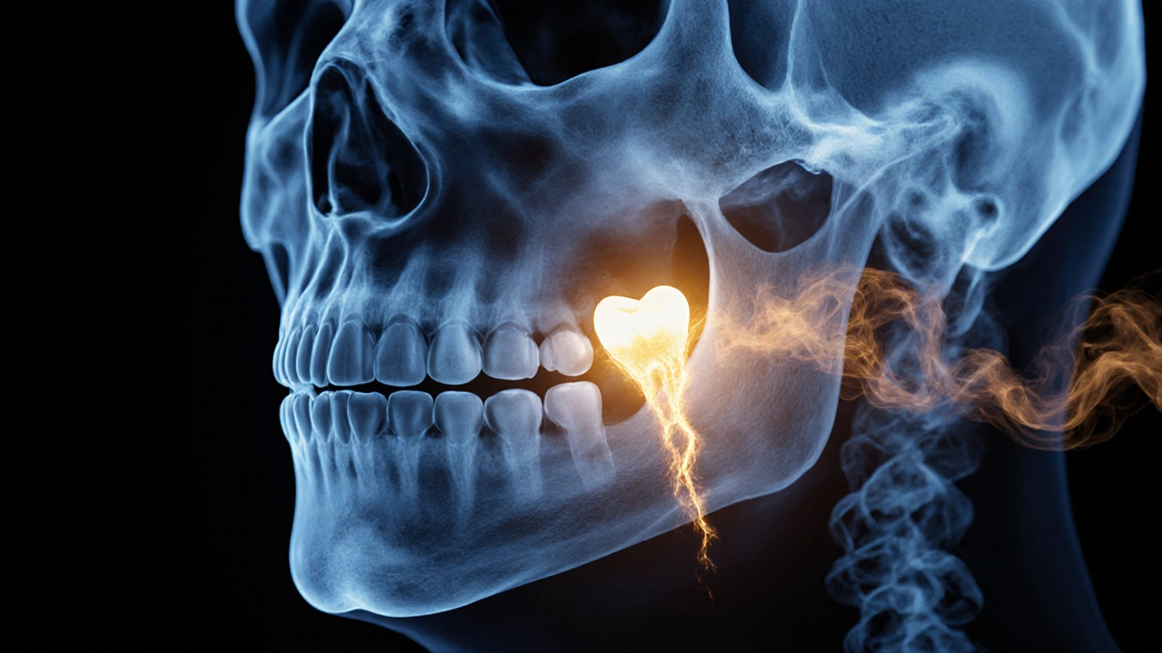 Rentgenový obrázek zubu s prasklinou, která sahá až do čelisti.