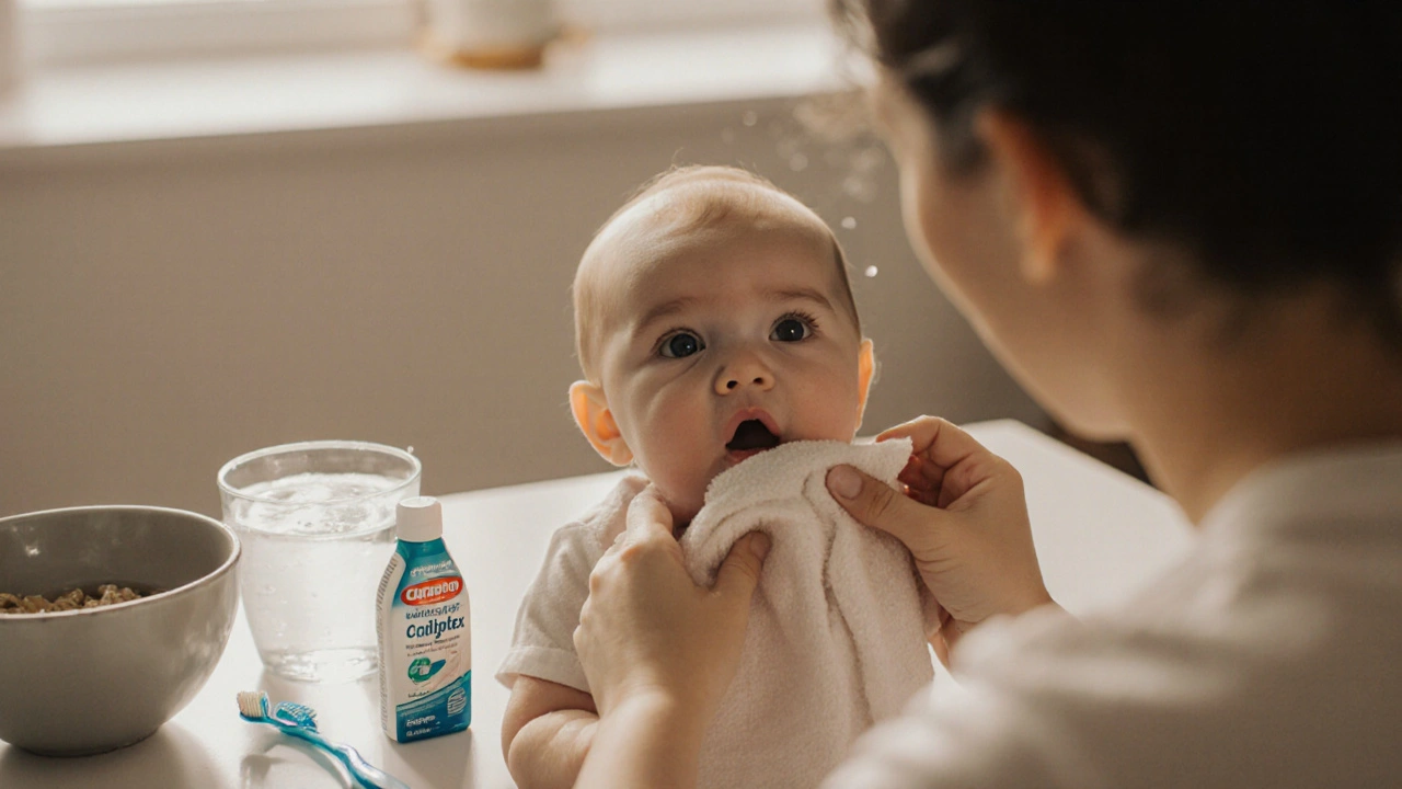 Rodič čistí dásně dítěte čistým hadříkem, na pozadí malý kartáček pro děti.