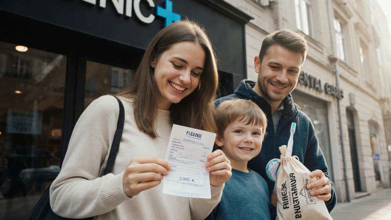 Rodina drží účtenku za dentální hygienu, symbolizující investici do zdraví.